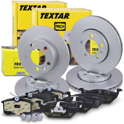 Textar Bremsscheiben +Bremsbeläge vorne+hinten für Audi, Seat, Skoda, VW von TEXTAR