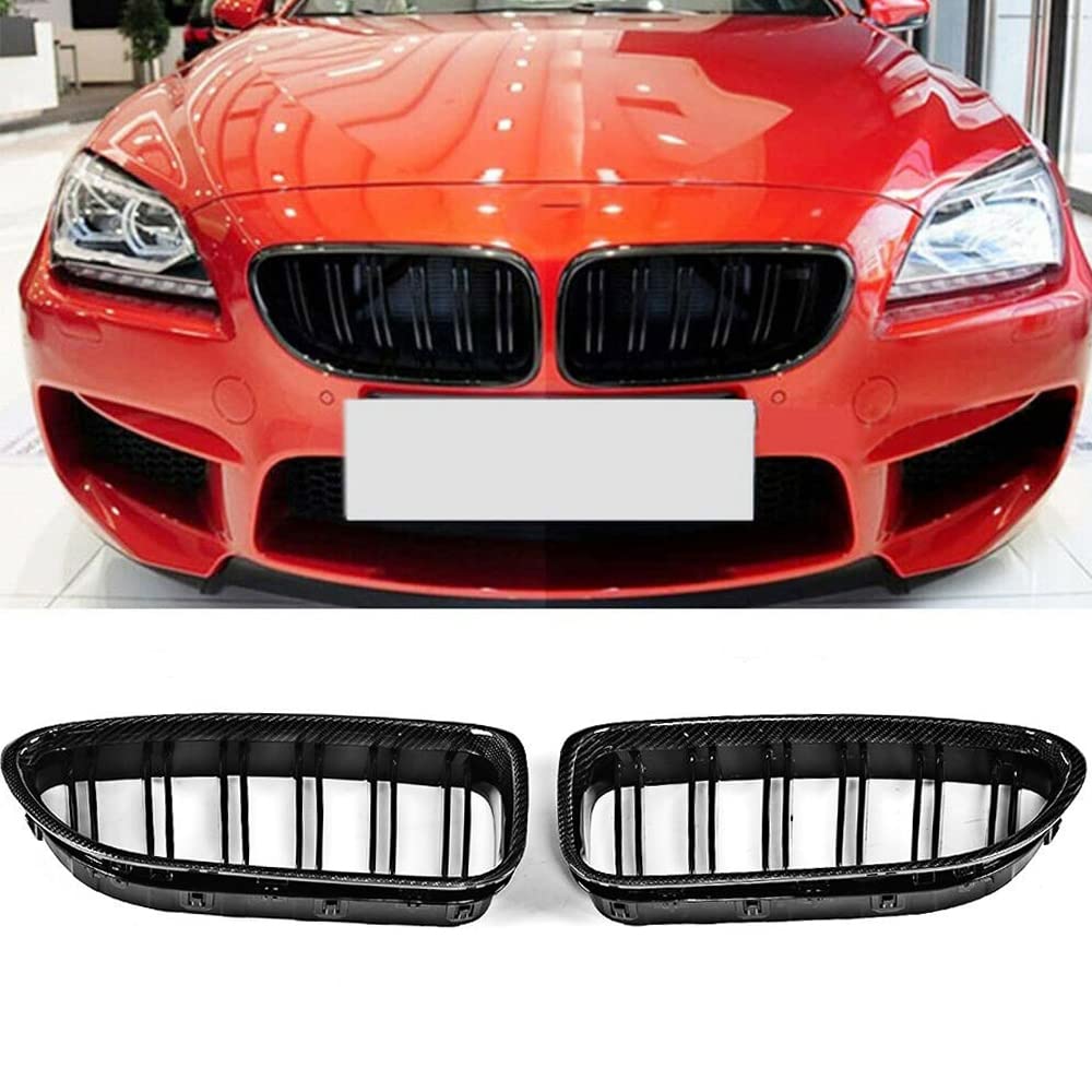 TGFOF Frontgrill passend für BMW 6er-Serie F06 F12 F13 M6 2012-2017 Fabrik Kohlefaser Ersatz Stoßstange Nieren Grill Abdeckung Verkleidung Gehäuse Kit 2 Stück (glänzend schwarz) von TGFOF