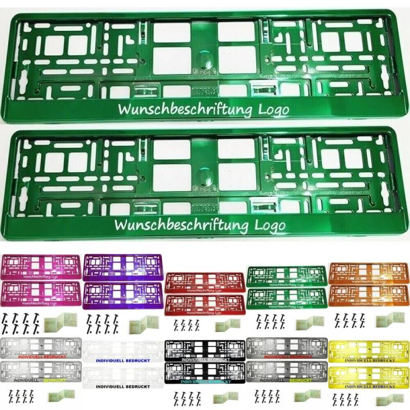 2 Stück Kennzeichenhalter mit Wunschtext Beschriftung Werbung Bedruckt. KOSTELOSE Lieferung (Grün Chrom) von THE7 AUTOMOTIVE