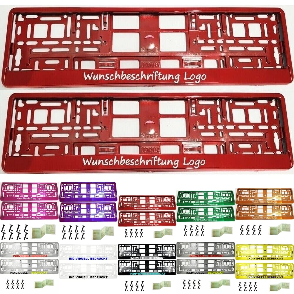 2 Stück Kennzeichenhalter mit Wunschtext Beschriftung Werbung bedruckt. KOSTELOSE Lieferung (Rot chrom) von THE7 AUTOMOTIVE