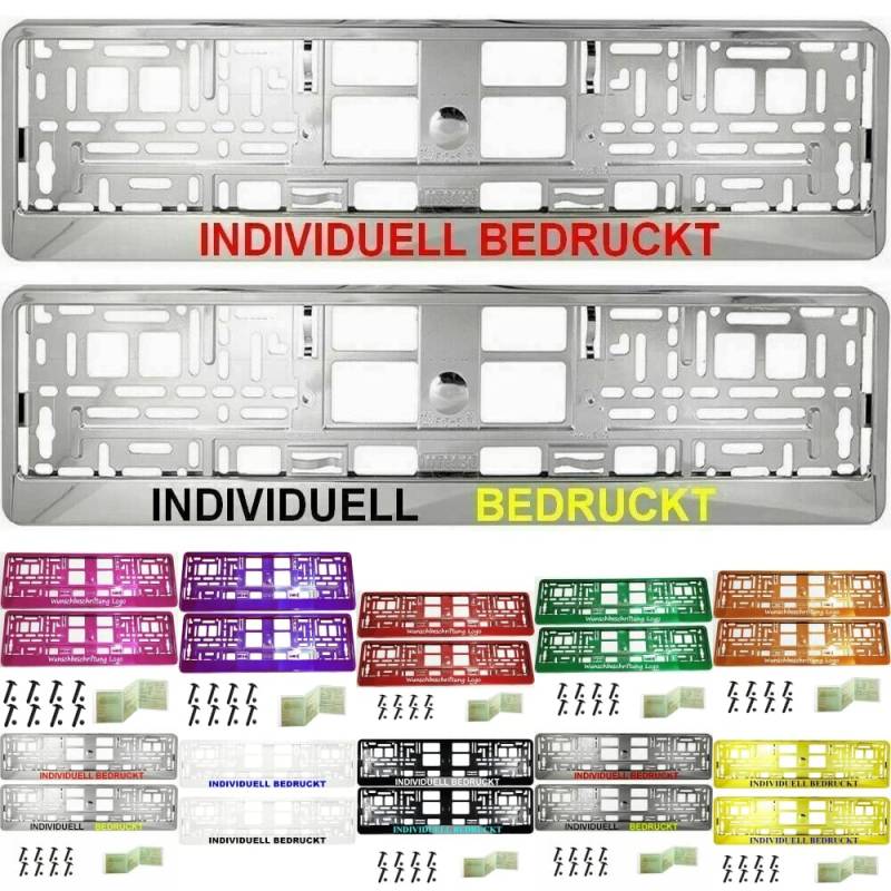 2 Stück Kennzeichenhalter mit Wunschtext Beschriftung Werbung bedruckt. KOSTELOSE Lieferung (Silber chrom) von THE7 AUTOMOTIVE