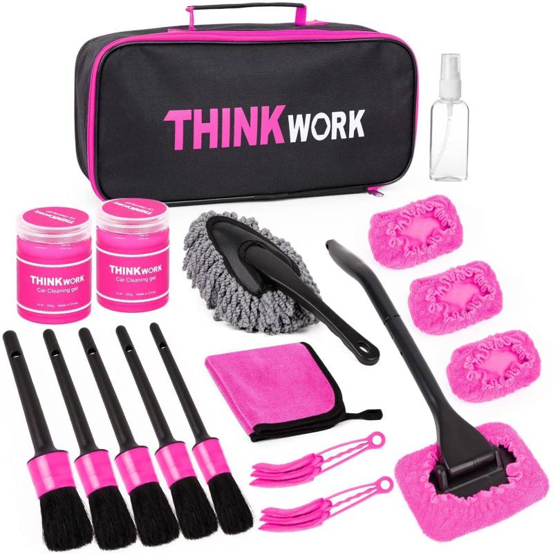 THINKWORK Auto Reinigung Pinsel Set, Rosa Auto Detailing Set mit Detailing Bürsten, Reinigungsgel, Auto Duster Bürste, für Innen und außen Reinigung von Auto Fenstern, Armaturenbrett, Lüftungsschlitze von THINKWORK