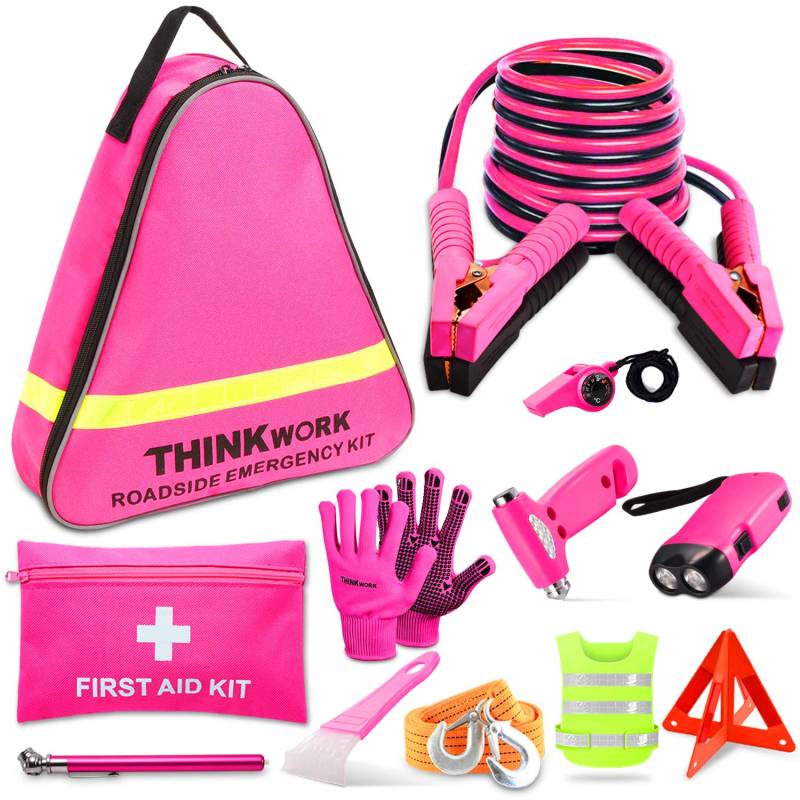 THINKWORK Pannenset Auto Rosa für Frauen, Pink-Pannenwerkzeugsets-Kit mit Erste-Hilfe-Kit, Sicherheitshammer, und idealeres Pink Autozubehör Tool von THINKWORK