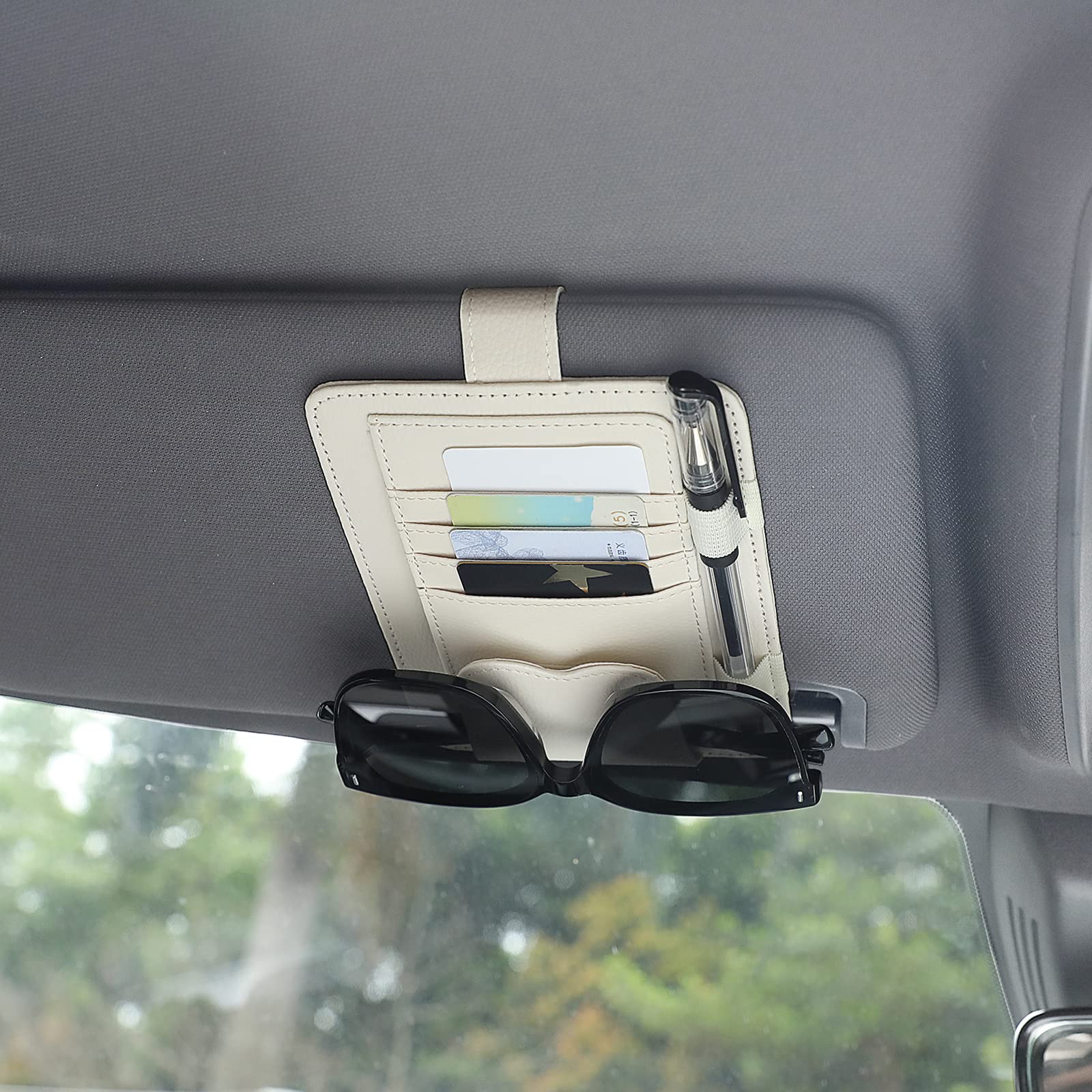 TIESOME Auto-Visier-Organizer, Universal Auto Brillenhalter Clip mit Aufbewahrungsfächern Leder Auto Sonnenbrillenhalter Auto Visier für die Speicherung Sonnenbrille Karte Stift Rechnung (Beige) von TIESOME