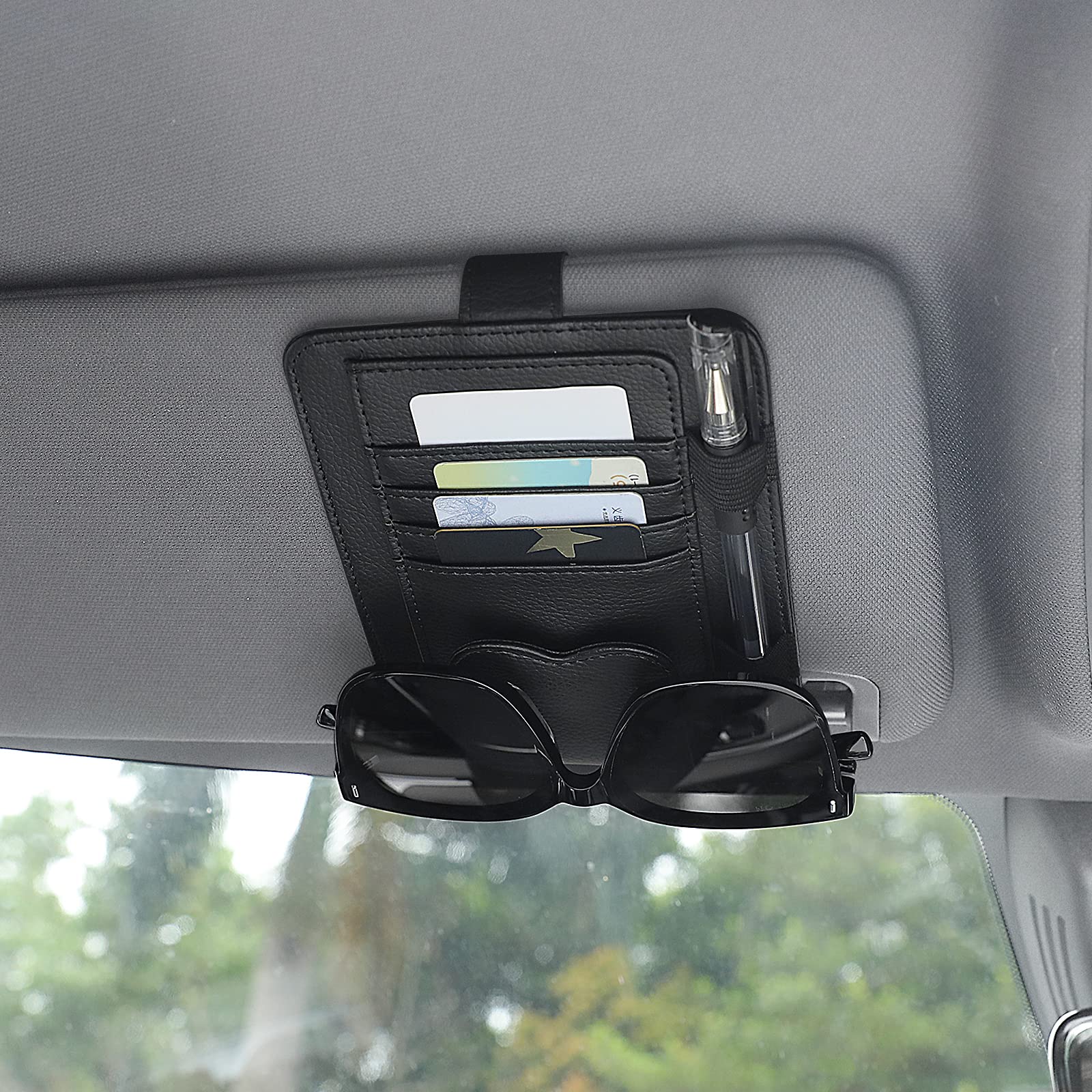 TIESOME Auto-Visier-Organizer, Universal Auto Brillenhalter Clip mit Aufbewahrungsfächern Leder Auto Sonnenbrillenhalter Auto Visier für die Speicherung Sonnenbrille Karte Stift Rechnung (Schwarz) von TIESOME