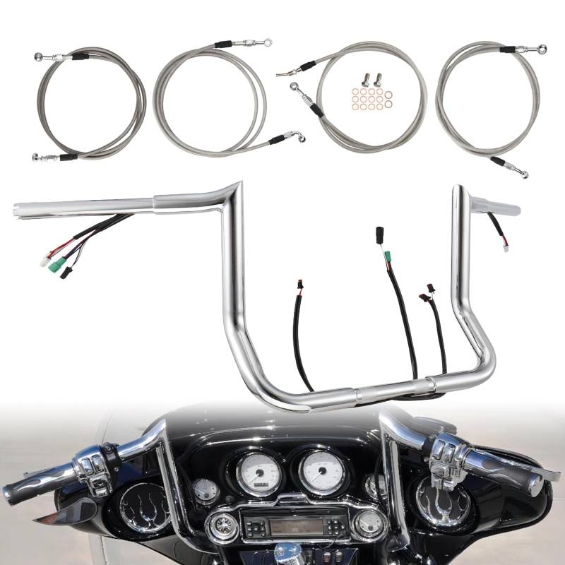 TIGERSGATE 35,6 cm Rise voll vorverdrahteter Street Glide Lenker 3,2 cm Fat Ape Hanger & Kabel-Kit für Harley Touring Street Glide, Electra Glide, Ultra Limited Modelle, Chrom von TIGERSGATE