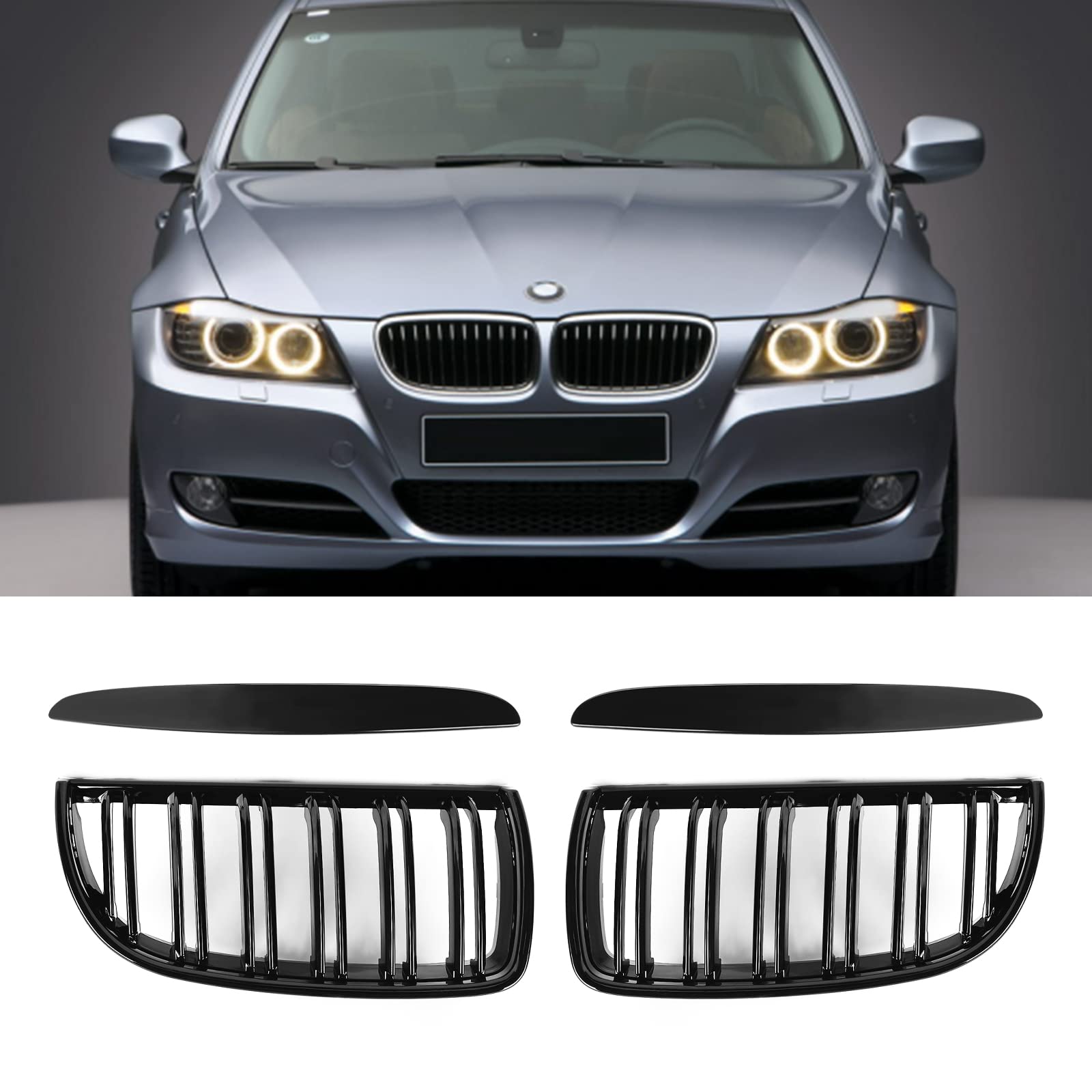 TIHOOK E90 Kühlergrill,E90 Nieren Schwarz,Auto Nieren Kühlergrill Racinggitter Ersatz,Kühlergrill für BMW E90 Grill 320i 323i 328i 335i 2005-2008 ​Schwarz von TIHOOK