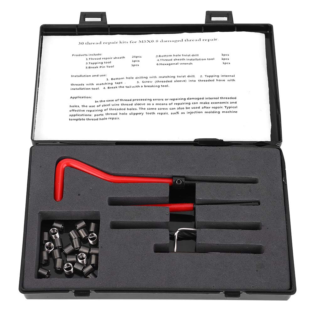 TIKATARER Heli-Coil-Gewinde-Reparatur-Set, 30-teiliges Gewinde-Reparatur-Set, Helicoil-Set, Helicoil-Gewinde-Reparatur-Set, M5 X 0,8 Edelstahl, Gedrehter Bohrer, Schraubenschlüssel, von TIKATARER