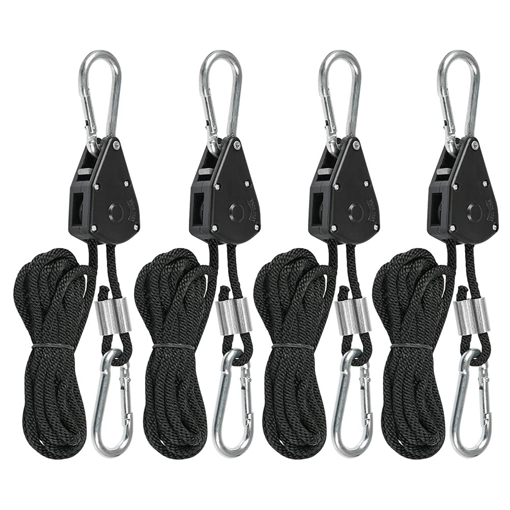 TIMESETL 4Stück Duty Heavy Rope Seilratsche mit Haken, einstellbare Seil Ratsche für Pflanzenlampe, 150lb, einstellbare Wachsen Licht Ratchet Seil, Aufhänger Rope Ratchet, Nylon, Schwarz von TIMESETL