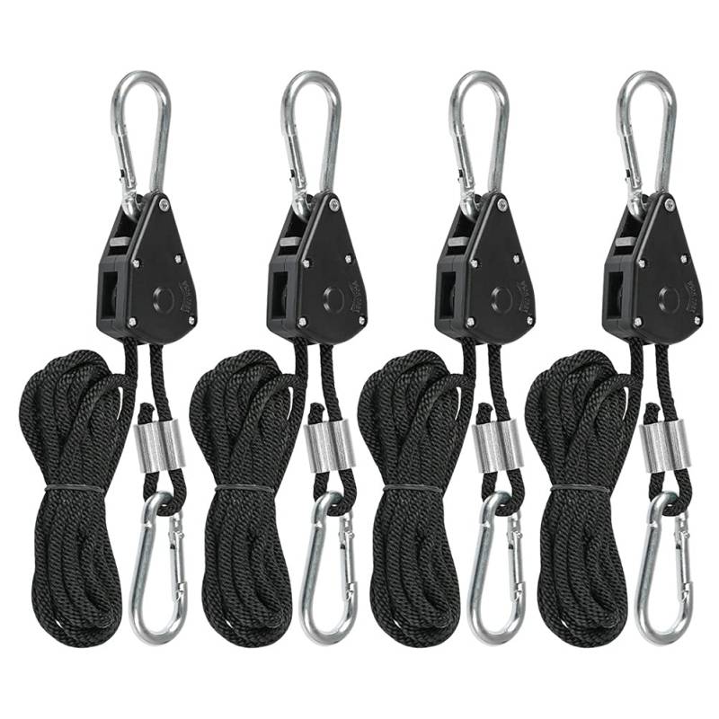 TIMESETL 4Stück Duty Heavy Rope Seilratsche mit Haken, einstellbare Seil Ratsche für Pflanzenlampe, 150lb, einstellbare Wachsen Licht Ratchet Seil, Aufhänger Rope Ratchet, Nylon, Schwarz von TIMESETL