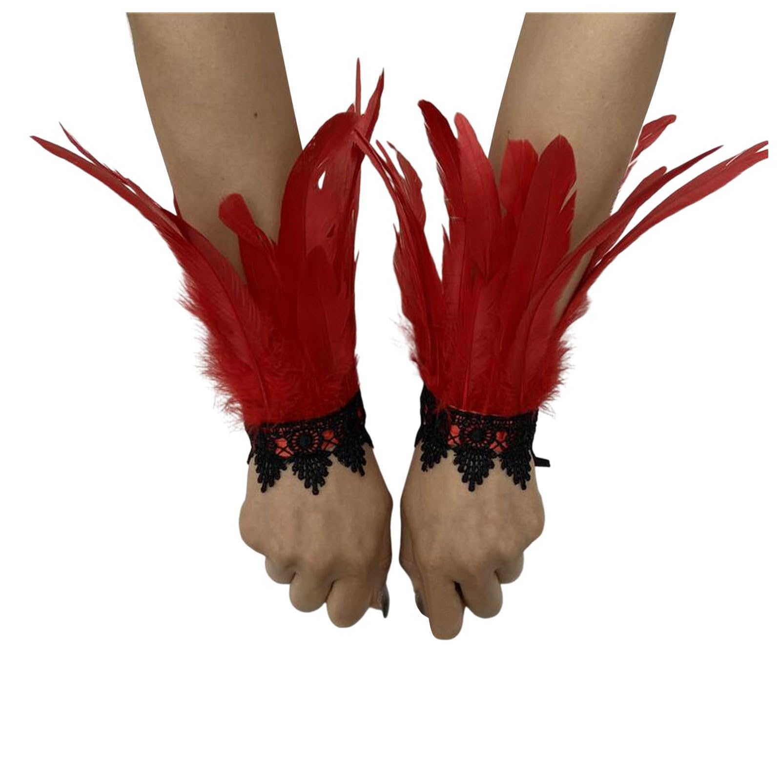 Federn Armbänder Damen Vintage Feder Manschette Accessoires Gothic Feder Manschetten Frauen Federschlagarmbänder Feder Spitze Handschuhe Federschmuck für Halloween Kostüm, Rollenspiel (Red, One Size) von TIMIYUYU