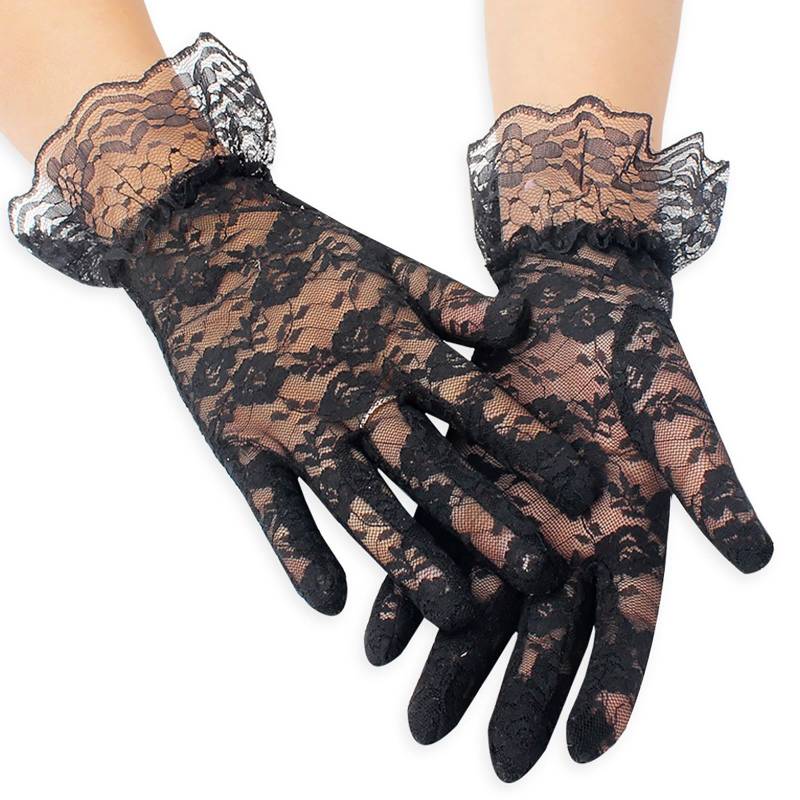 TIMIYUYU Damen Kurze Spitzenhandschuhe Elegant Netzhandschuhe Blumenspitzen Handschuhe Kurze Lace Gloves Sonnenschutz Handschuhe Hochzeit Party Halloween Handschuhe Sommerhandschuhe (Black, One Size) von TIMIYUYU