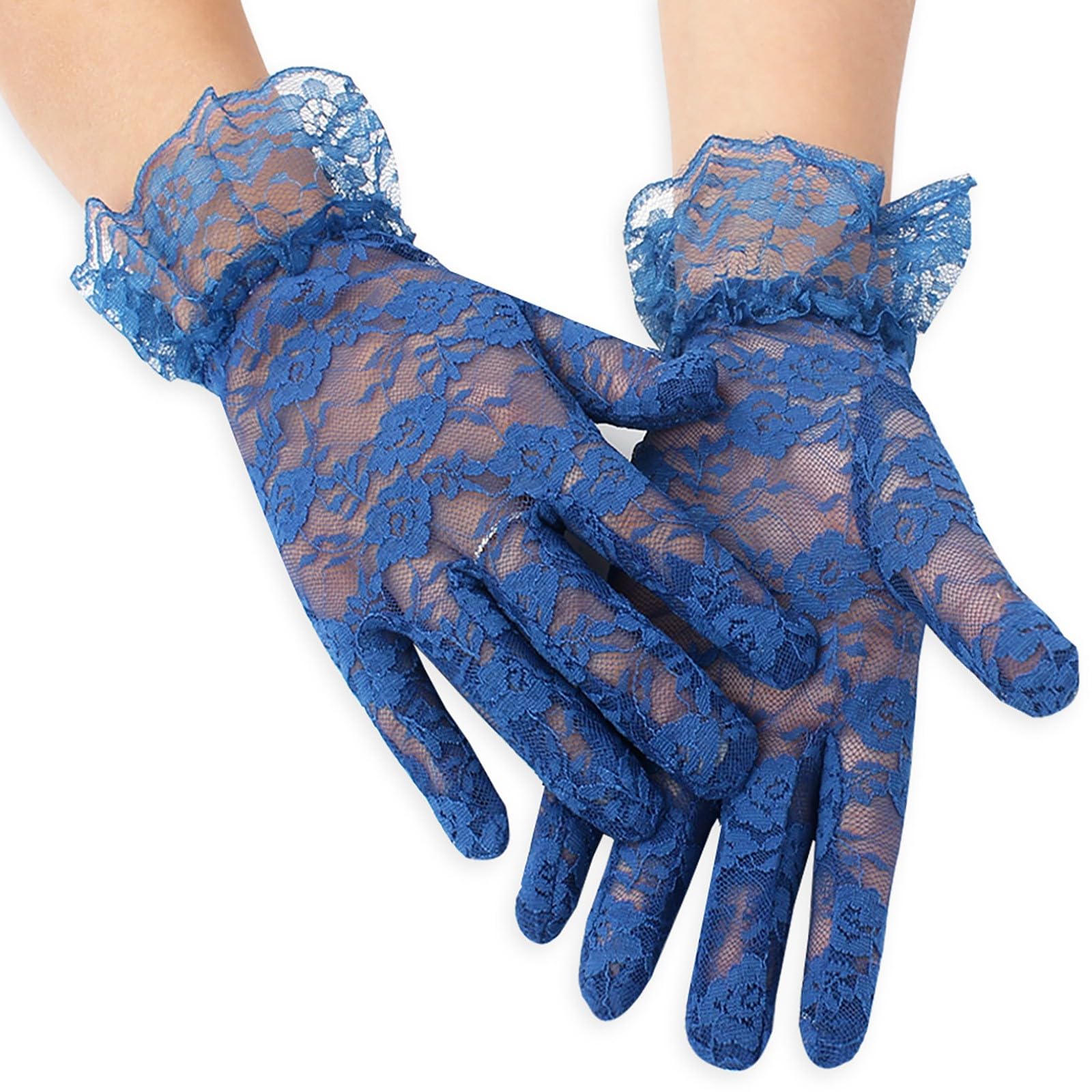 TIMIYUYU Damen Kurze Spitzenhandschuhe Elegant Netzhandschuhe Blumenspitzen Handschuhe Kurze Lace Gloves Sonnenschutz Handschuhe Hochzeit Party Halloween Handschuhe Sommerhandschuhe (Blue, One Size) von TIMIYUYU