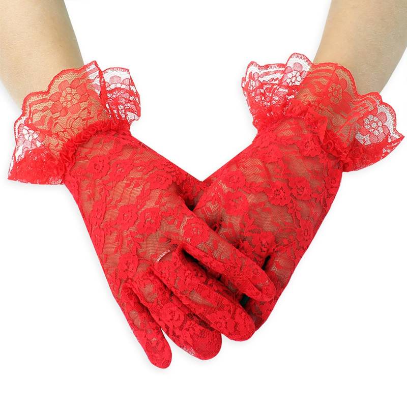 TIMIYUYU Damen Kurze Spitzenhandschuhe Elegant Netzhandschuhe Blumenspitzen Handschuhe Kurze Lace Gloves Sonnenschutz Handschuhe Hochzeit Party Halloween Handschuhe Sommerhandschuhe (Red, One Size) von TIMIYUYU