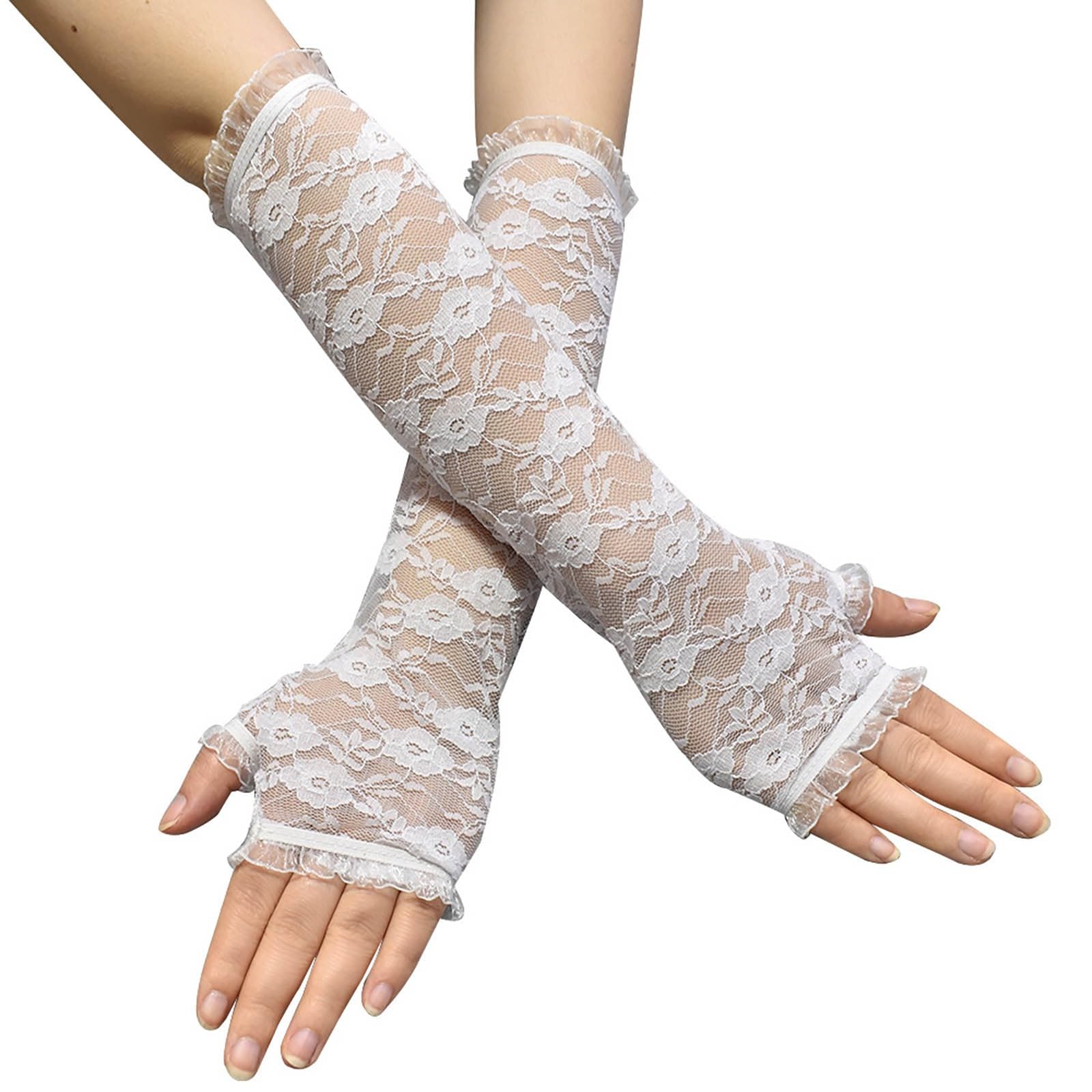 TIMIYUYU Lange Spitzen Handschuhe für Damen Vintage Spitzen Brauthandschuhe Spitze Fingerlose Handschuhe Lang spitzenhandschuhe Hochzeit Braut Karneval Opera Tee Party Handschuhe (White, One Size) von TIMIYUYU