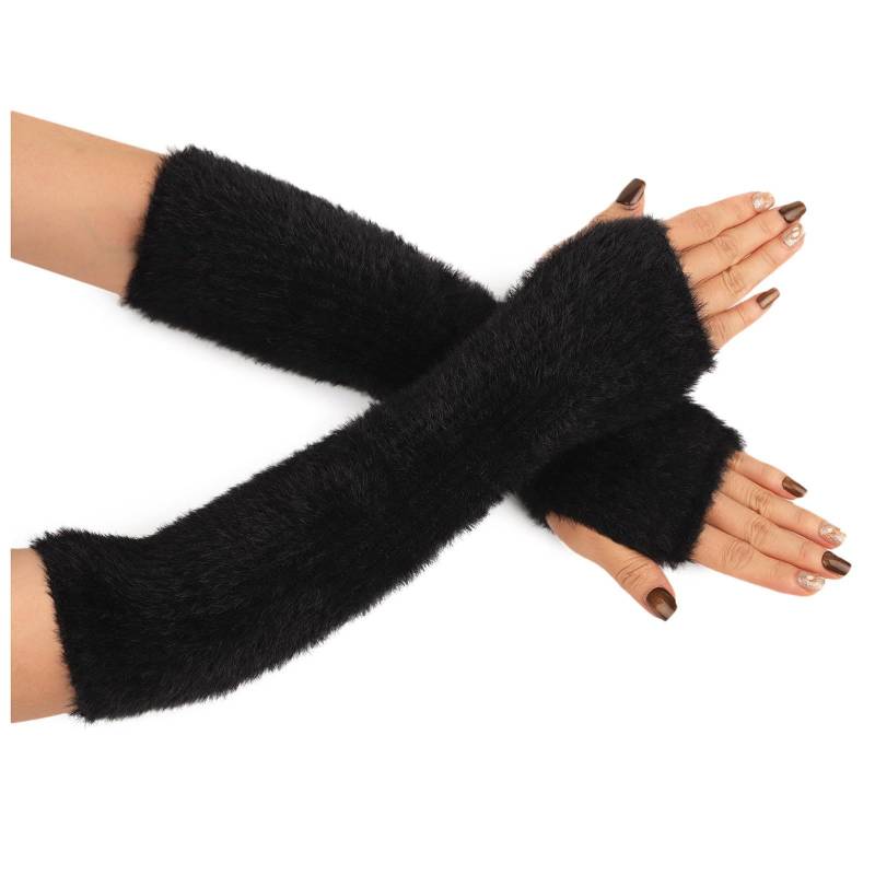 TIMIYUYU Winter Plüsch Handschuhe für Damen Fingerlose Armstulpen Dicke Plüsch Lang Handwärmer Stulpen Warm Plüsch Handschuhe Pluswärmer Handstulpen Armwärmer Stulpen für Damen (Black, One Size) von TIMIYUYU