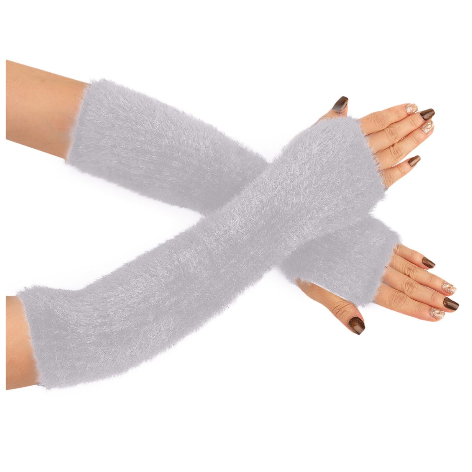 TIMIYUYU Winter Plüsch Handschuhe für Damen Fingerlose Armstulpen Dicke Plüsch Lang Handwärmer Stulpen Warm Plüsch Handschuhe Pluswärmer Handstulpen Armwärmer Stulpen für Damen (Light Gray, One Size) von TIMIYUYU