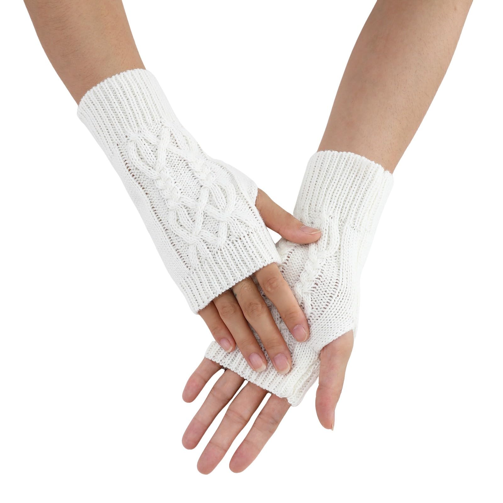 Winter Armstulpen Handschuhe Damen Pulswärmer Strick Kurzer Gestrickte Halb Fingerlose Fäustlinge Damenhandschuhe Strickhandschuhe Wintersporthandschuhe Warme Winterhandschuhe Lang (White, One Size) von TIMIYUYU