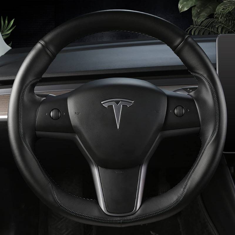 TIMWIND Fit Tesla Lenkradbezug aus Mikrofaser-Leder, handgenäht für Tesla Model 3/Modell Y (schwarz-schwarz) von TIMWIND