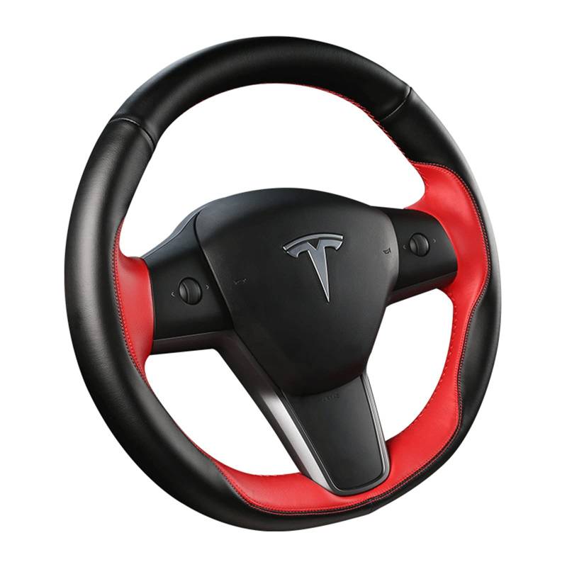 TIMWIND Maßgeschneiderte Tesla Lenkradhülle Mikrofaser Leder handgenäht für Tesla Model 3/Model Y (schwarz-rot) von TIMWIND