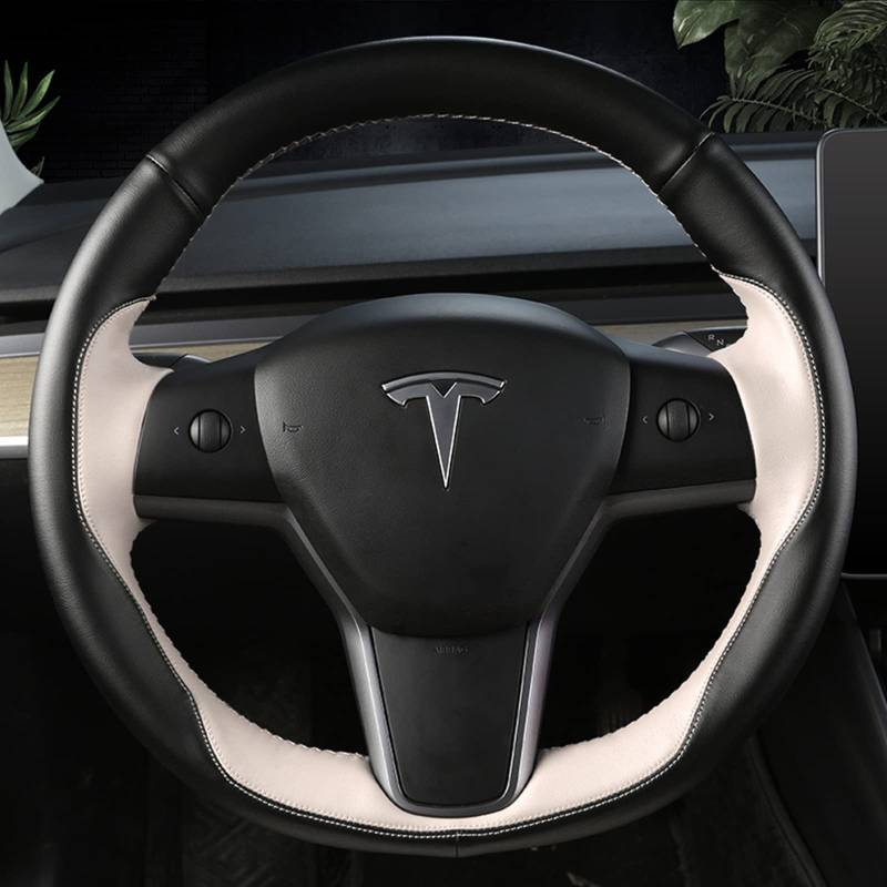 TIMWIND Fit Tesla Lenkradbezug Mikrofaser Leder handgenäht für Tesla Model 3/Modell Y (schwarz-weiß) von TIMWIND