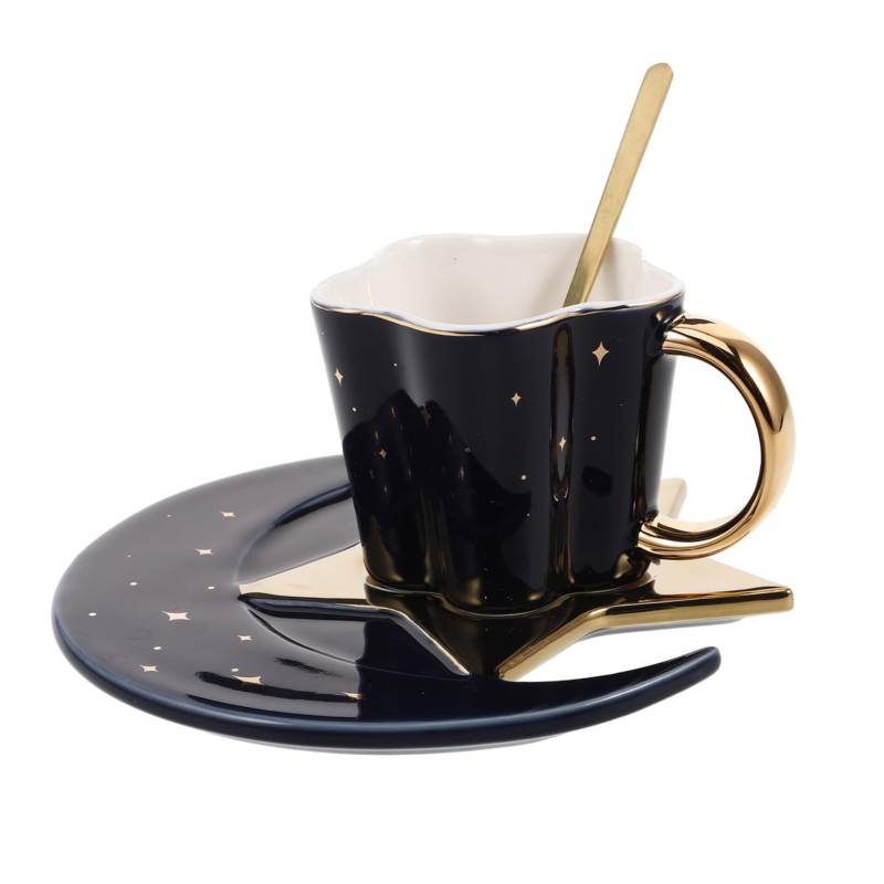 TINEASUR 1 Set Keramik-kaffeetasse Und Untertasse Mit Goldenem Griff, Stern- Und Mond-kaffeetasse, Unregelmäßige Keramiktasse, Löffel Für Tee, Cappuccino, Kakao, Schokolade von TINEASUR