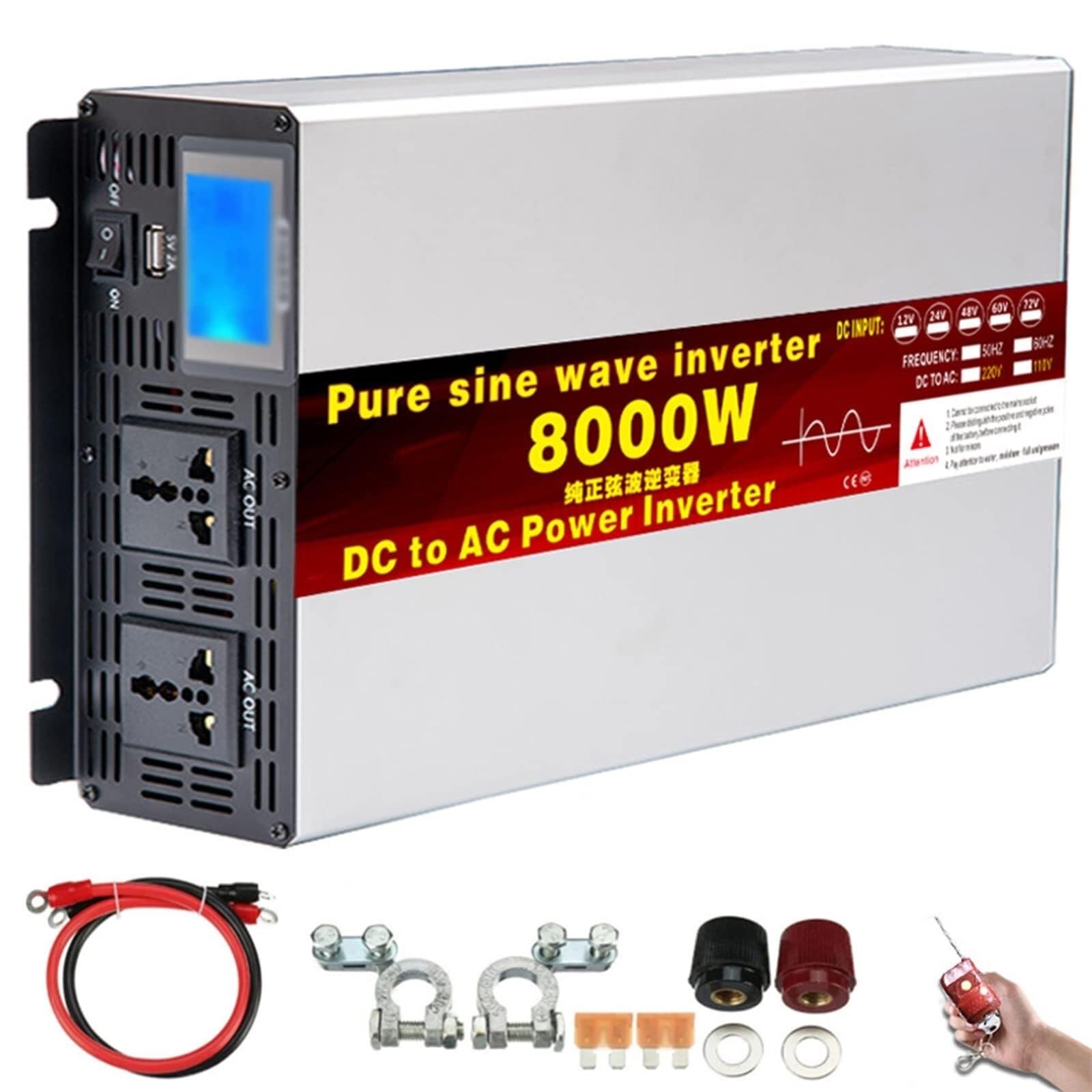 Power Inverter 4000W/5000W/6000W/8000W Pure Sine Wave Inverter DC 12V 24V 48V 60V 72V to 110V 220V 230V AC Voltage Converter Transformer with LCD Display for Home RV Truck Car Camping Solar(8000W,72Vt von TINGBBAO