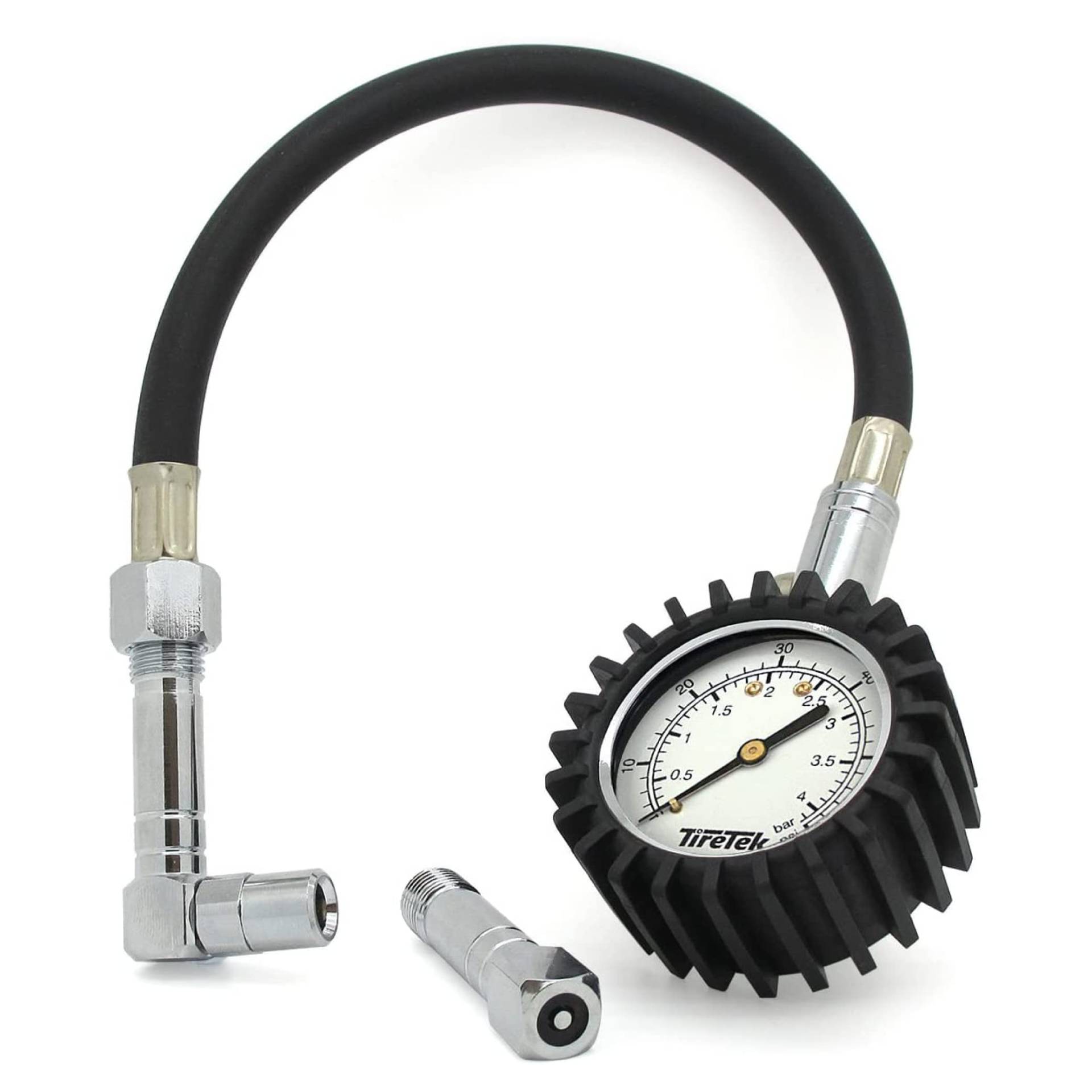 TireTek Reifendruckmesser Reifendruckprüfer geeicht für Auto und Motorrad I ANSI zertifizierter Luftdruckprüfer mit 360° Drehkopf, Luftdruckmesser 0-60 psi I 4 bar (lang mit extra Spannfutter) von TIRETEK