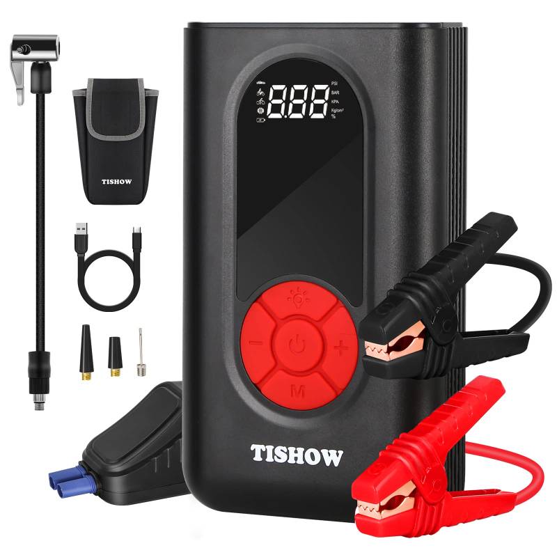 TISHOW 4in1 Starthilfe Powerbank mit Luftkompressor,1600A/12V Starthilfe mit Kompressor Powerbank Auto Starthilfe Luftpumpe mit 150PSI, Booster Jump Starter mit LED Lampe/USB QC3.0 Starterbatterie von TISHOW