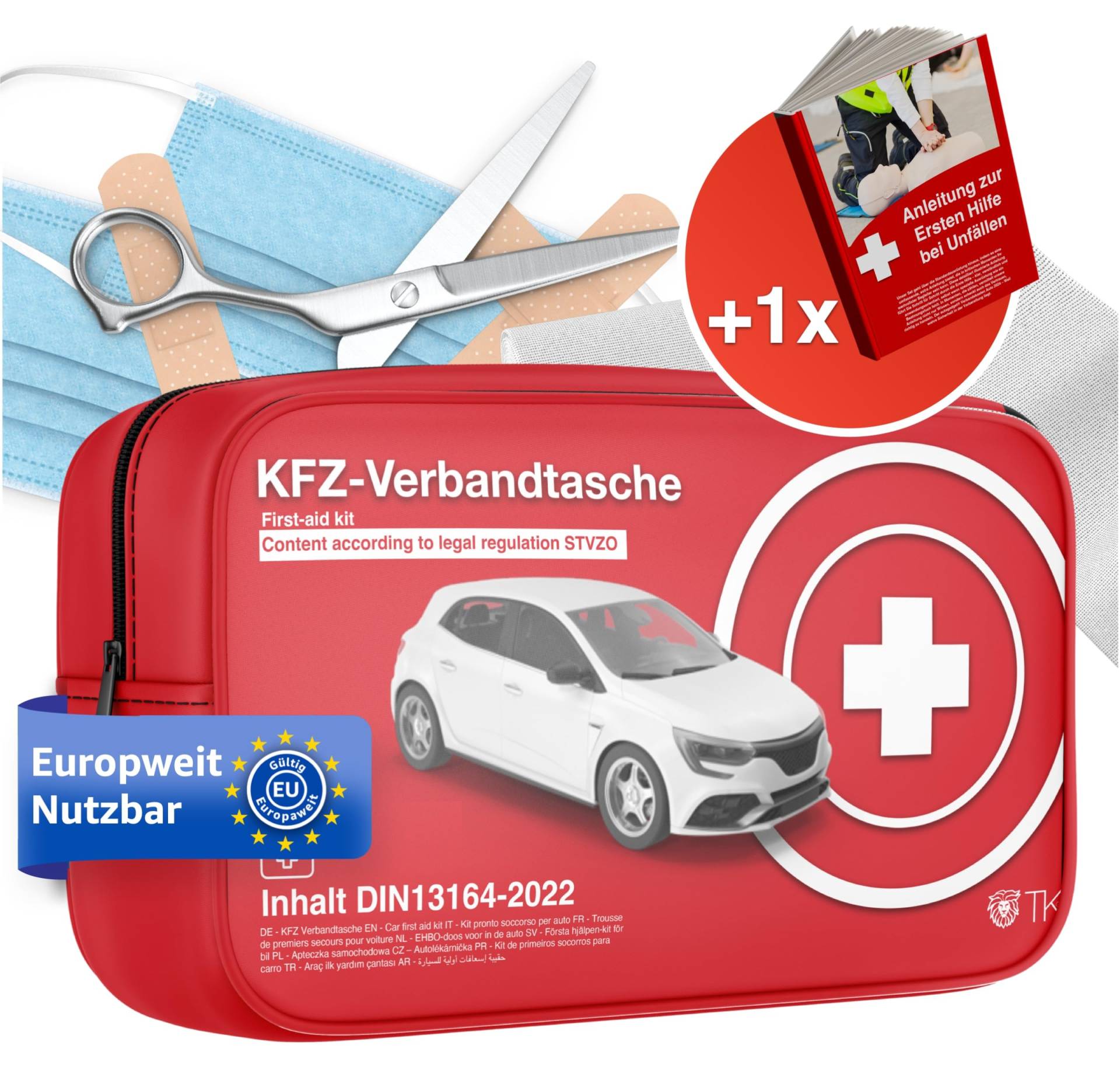 Verbandstasche KFZ mit Beatmungstücher - Verbandskasten Auto nach aktueller Norm 2025 - DIN13164 - Erste Hilfe Set - Verbandskasten StVO konform von TK Gruppe Timo Klingler