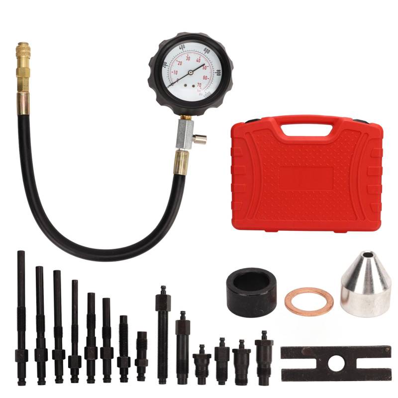 TKSE 19-teiliges Motorkompressionstester-Set, 9 Glühkerzen, 4 Einspritzdüsen-Adapter, Zylinder-Manometer für PKW und LKW von TKSE