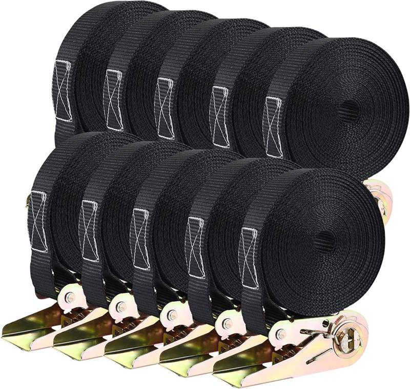 10 Stück Spanngurte mit Ratsche, 6m Lange 25mm Ratschengurte, Robust Zurrgurte Set, Belastung 800 kg, für Ladungssicherung (Schwarz) von TLGREEN