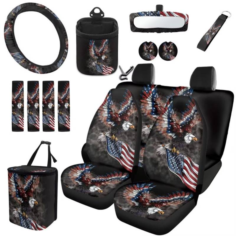 TOADDMOS 15 Pcs Amerikanische Flagge Adler Satteldecke Autositzbezüge Voller Satz Auto Lenkrad Zubehör Cup Matte Handgelenk Schlüsselanhänger Sicherheitsgurt Gurt Pads Air Vent Aufhängshalter von TOADDMOS