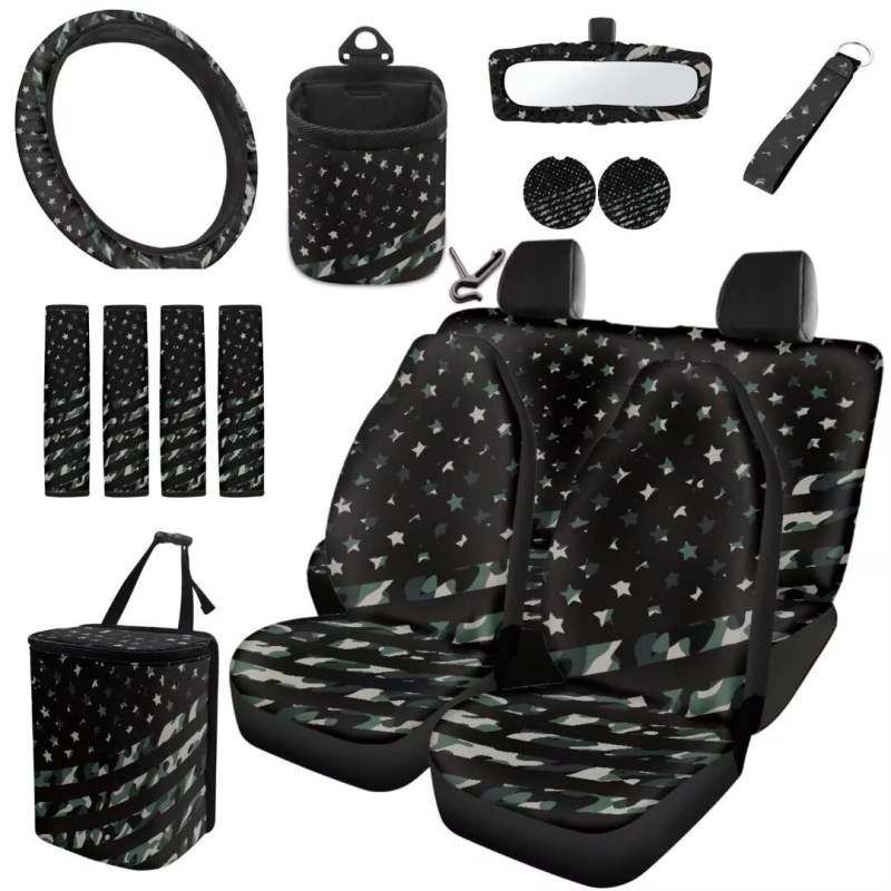 TOADDMOS 15 Pcs Auto Universal Sitzbezüge Set Grüne Camo Amerikanische Flagge Sicherheitsgurt Kissen Pad Auto Lenkradabdeckung Auto Cup Halter Untersetzer Air Vent Aufhängestasche von TOADDMOS