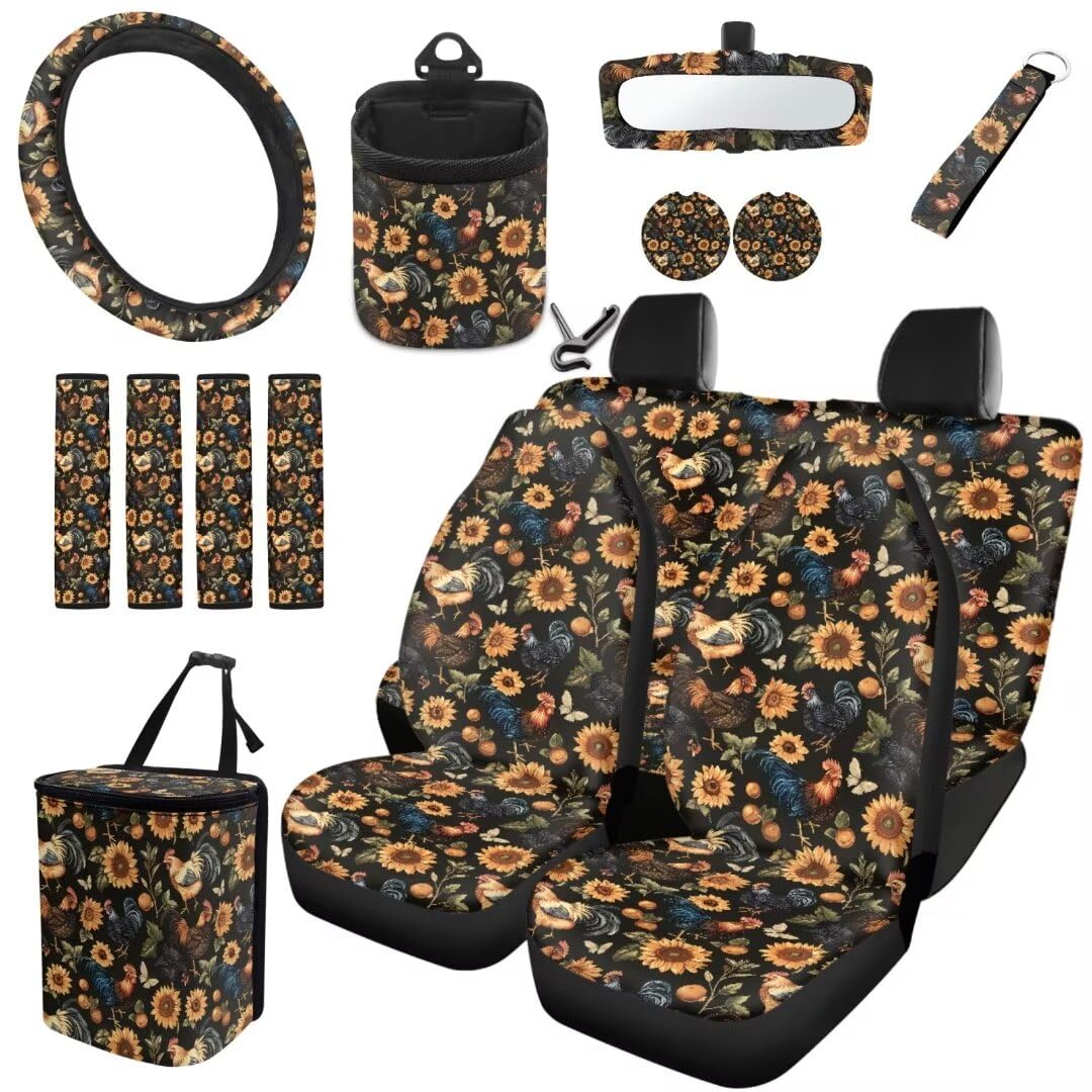 TOADDMOS 15 Pcs Bauernhof Hahn Auto Sitzbezüge Set Sonnenblumen Lenkradabdeckungen Auto Müllbeutel Air Vent Bag Sicherheitsgurt Pads Auto Untersetzer Auto Schlüsselanhänger Universal Fit von TOADDMOS