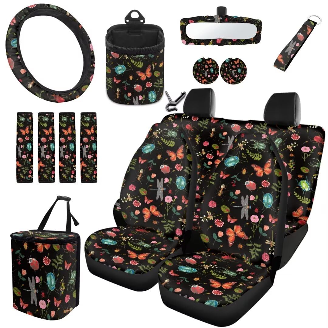 TOADDMOS 15 Pcs Cottagecore Auto Innenraum Sitzbezug Schmetterling Blumen Sicherheitsgurt Gurt Pads Auto Cup Matte Handgelenk Schlüsselanhänger Auto Lenkradabdeckung Air Vent Bag Auto Müllbeutel von TOADDMOS