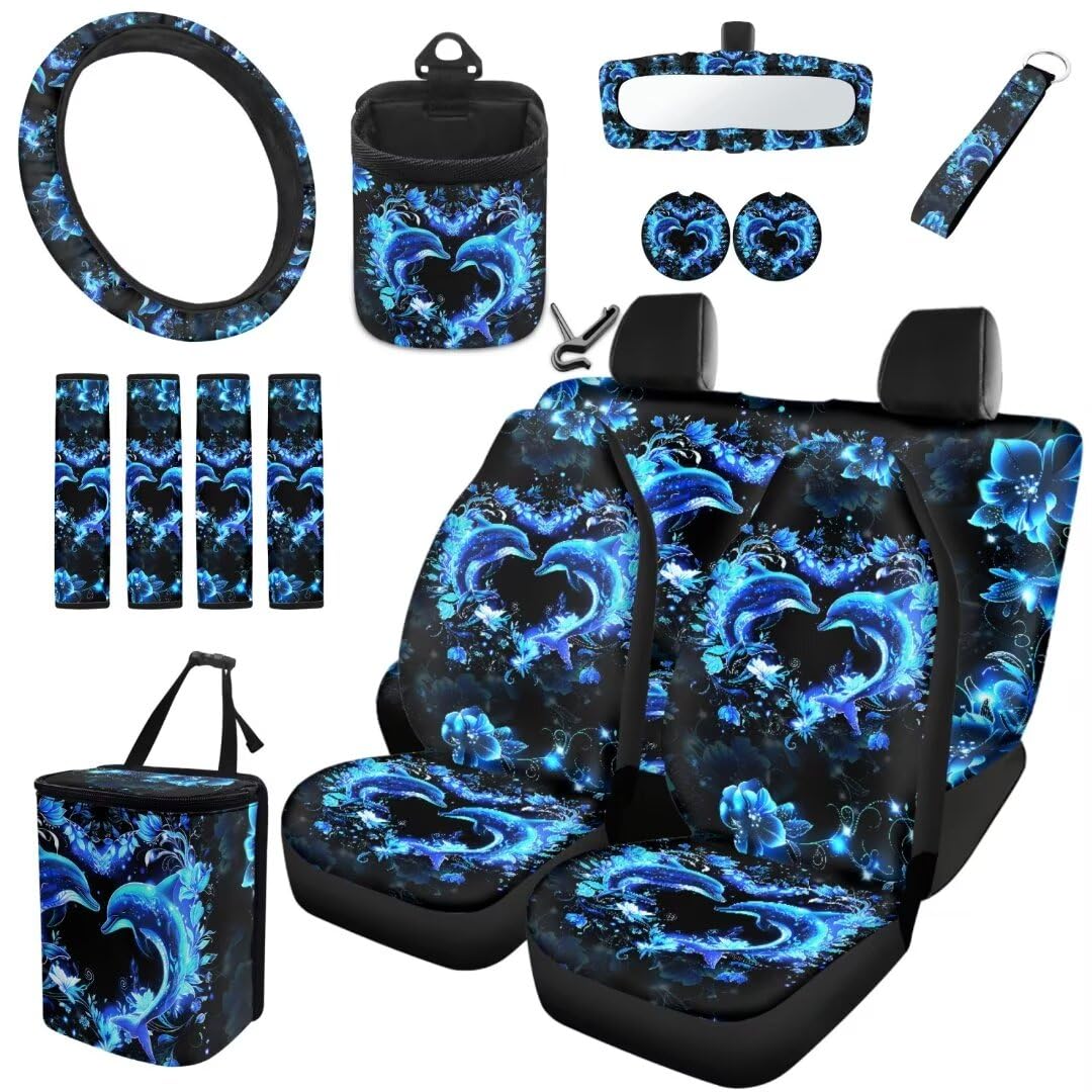 TOADDMOS 15 Pcs Delfin Herz Auto Innenraum Sitzbezug Set Blaue Blumen Sicherheitsgurt Pads Auto Müllbeutel Anti-Rutsch Matte Untersetzer Handgelenk Schlüsselanhänger Lenkrad Abdeckung Air Vent Bag von TOADDMOS