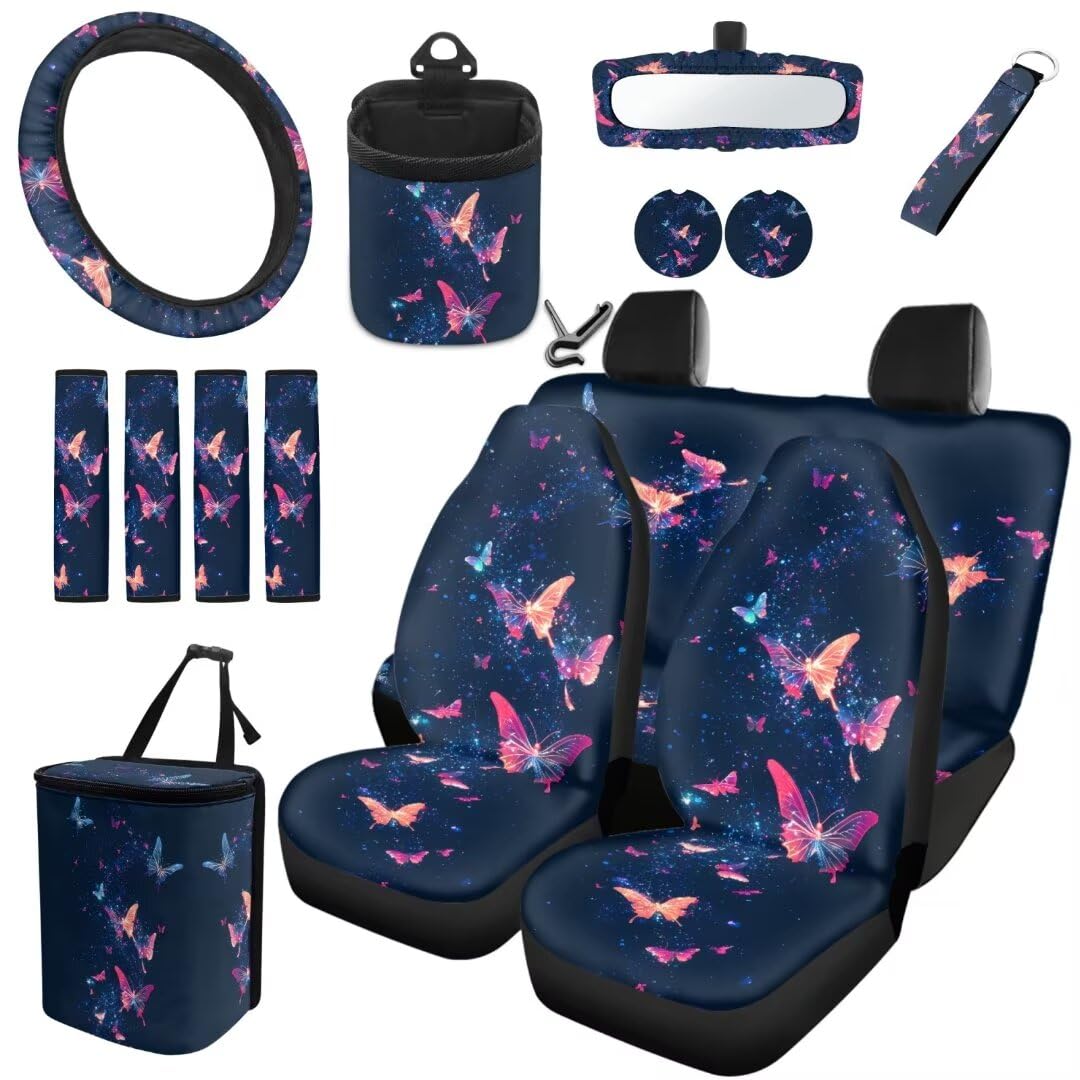 TOADDMOS 15 Pcs Galaxy Space Butterfly Satteldecke Auto Sitzbezüge Set Dekorative Gurt Pads Auto Müllbeutel Air Vent Aufbewahrungstasche Auto Lenkradabdeckung Auto Untersetzer, Auto Zubehör von TOADDMOS