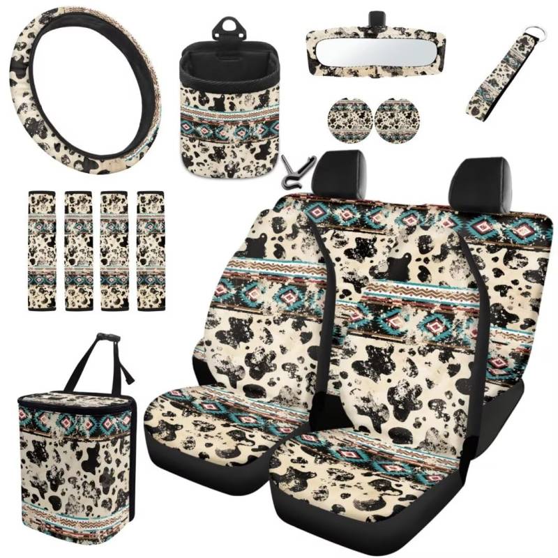 TOADDMOS 15 Pcs Retro Aztec Geometrie Autositzbezüge Set Schwarze Kuh Sppots Sicherheitsgurt Pads Auto Mülleimer Auto Cup Halter Einsatz Untersetzer Auto Lenkradabdeckung Air Vent Bag von TOADDMOS