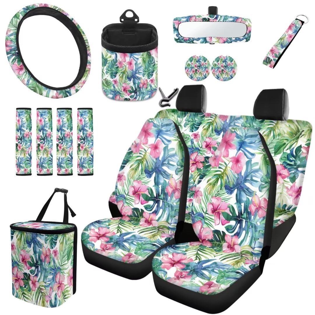 TOADDMOS 15 Pcs Rosa Hibiskus Premium Polyester Sitzbezüge Set Palm Leaf Auto Lenkrad Zubehör Air Vent Bag Auto Cup Halter Einsatz Untersetzer Sicherheitsgurt Gurt Pads Schlüsselanhänger von TOADDMOS