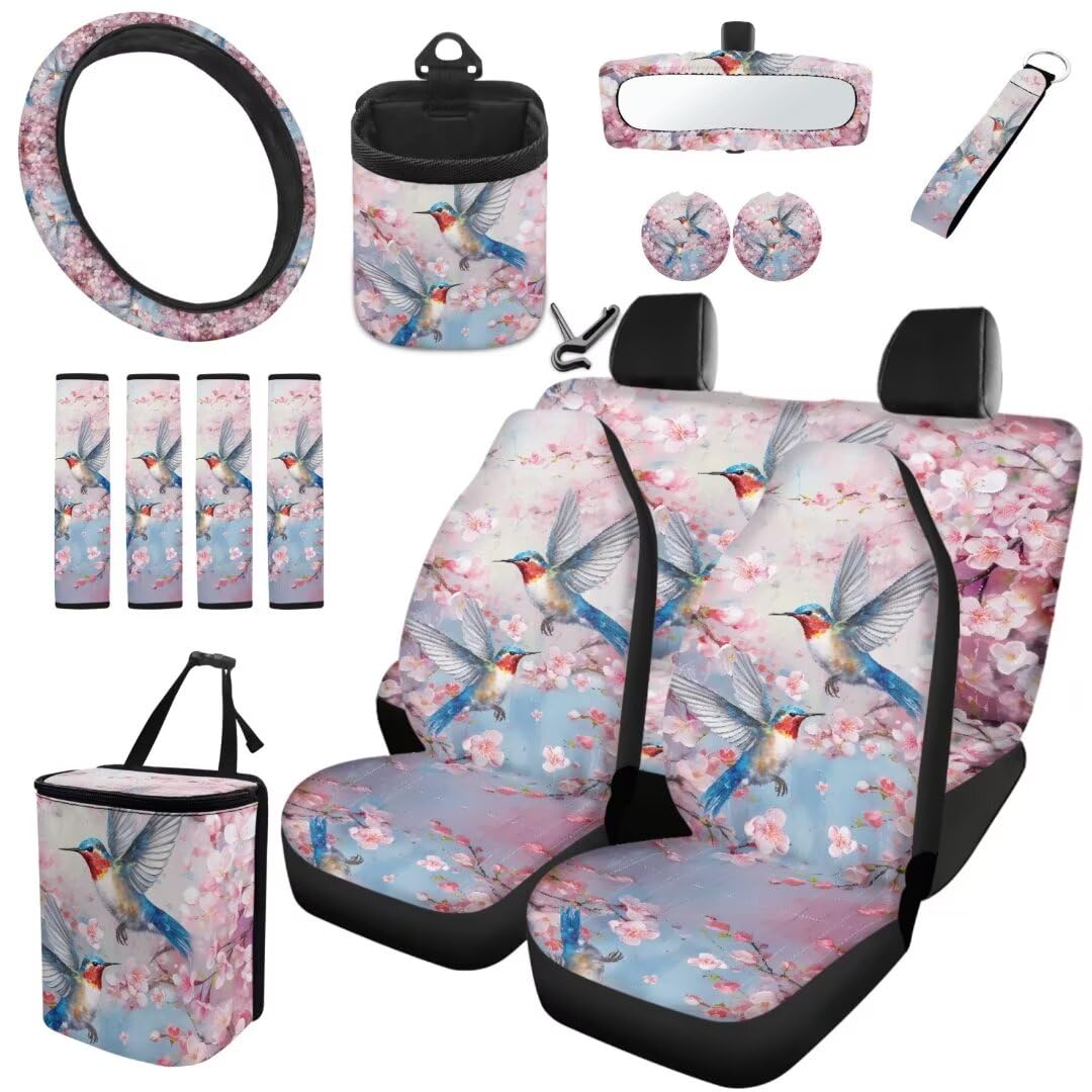 TOADDMOS 15PCS Blaue Kolibris Auto Sitzbezüge Rosa Kirschblüte Lenkbezüge Auto Lenkrad Zubehör Auto Cup Mat Schlüsselanhänger Auto Sicherheitsgurt Kissen Pad Air Vent Bag Müllbeutel von TOADDMOS