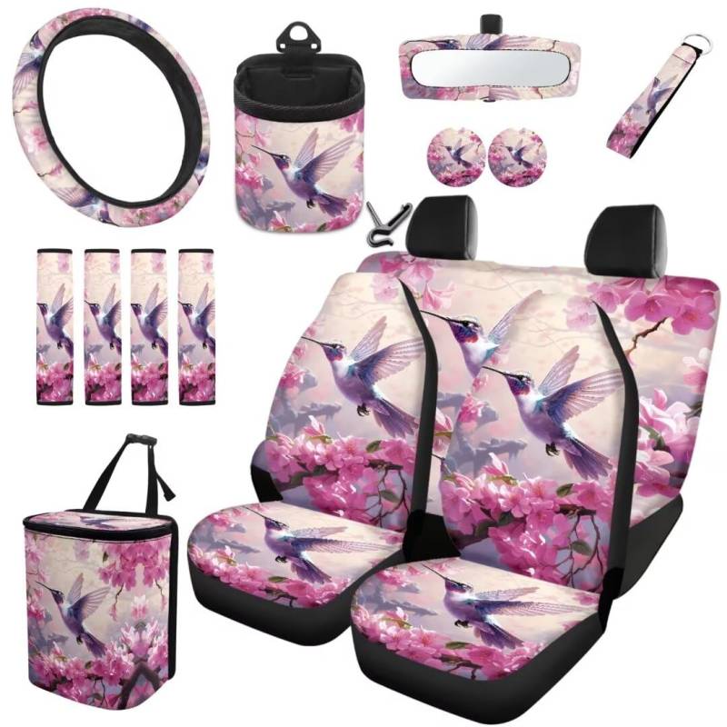 TOADDMOS 15PCS Kolibri vorne und hinten Autositz Abdeckung Voller Satz Rosa Kirschblüte Lenkabdeckungen Sicherheitsgurt Pads Auto Mülleimer Air Vent Bag Handgelenk Lanyard für Autoschlüssel von TOADDMOS