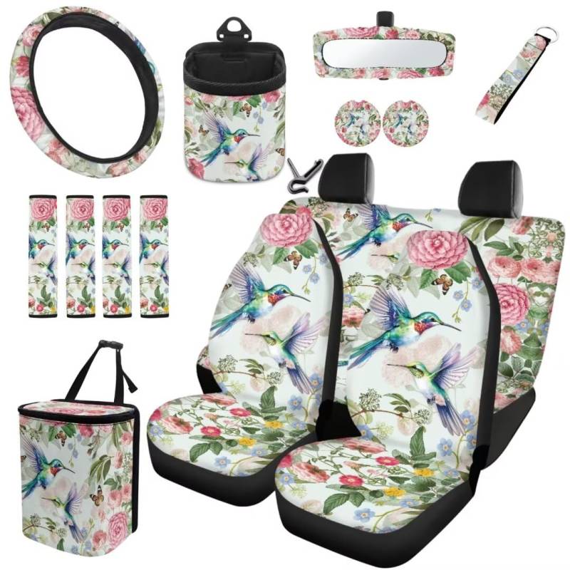 TOADDMOS 15PCS Kolibris Auto Innenraum Sitzbezug Set Retro Blumen Auto Lenkradabdeckung Hängende Mülleimer Air Vent Speicher Halter Schlüsselkette Gürtel Pads Auto Müllbeutel von TOADDMOS