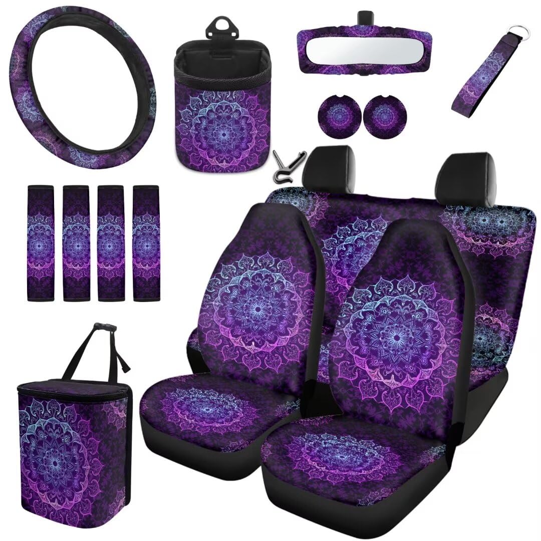 TOADDMOS 15PCS Lila Mandala Front Set und hinten Split Bank Sitzbezüge Set mit Auto Lenkradabdeckung Boho Stil Floral Air Vent Bag Cup Halter Auto Müllbeutel Sicherheitsgurt Pads von TOADDMOS