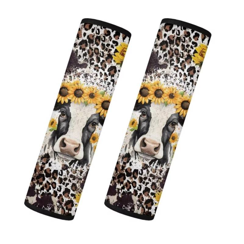 TOADDMOS 2PCS Gelbe Sonnenblume Kuh Sicherheitsgurt Abdeckung Pad für Frauen Braun Leopard Druck Warme Schulter Pads Auto Sicherheitsgurt Abdeckung Fit für Frauen Nette Mädchen Sedans, Autos, Vans von TOADDMOS