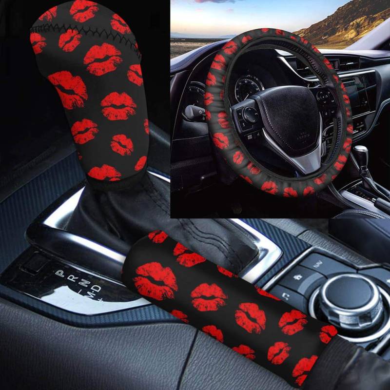 TOADDMOS 3 Stück Frauen Red Kiss Lips Print Weiche Lenkradbezüge Handbremsabdeckung Schaltabdeckung Anti-Rutsch Universal Auto Innenausstattung Zubehör von TOADDMOS