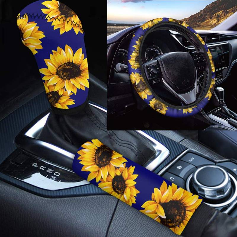 TOADDMOS 3-teiliges Set helle Sonnenblume auf marineblauem Hintergrund, weiche Neopren-Lenkradbezüge, Handbremsenabdeckung, Schalthebelabdeckung, rutschfest, universelle Auto-Dekoration, Einheitsgröße von TOADDMOS