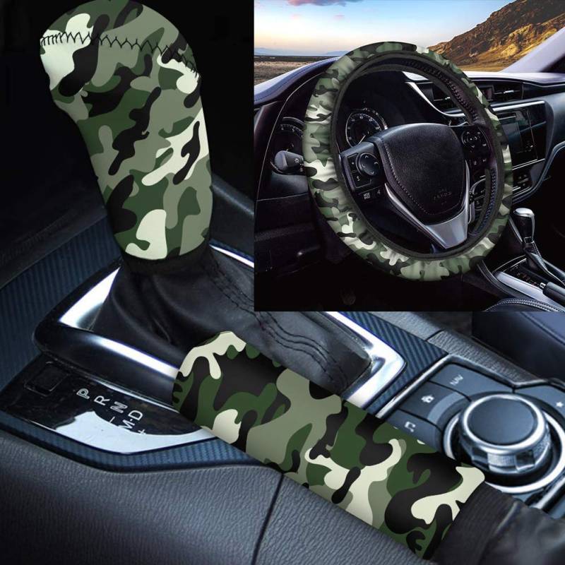 TOADDMOS 3-teiliges Set klassische Armeegrün Camo Print weiche Lenkradbezüge Handbremsabdeckung Schalthebelabdeckung rutschfeste Universal Auto Dekoration von TOADDMOS