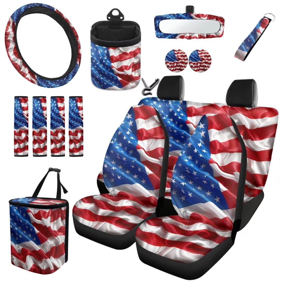 TOADDMOS 3D Amerikanische Flagge Autositzbezüge Full Set Auto Lenkrad Zubehör Air Vent Bag Auto Untersetzer Auto Müllbeutel Schlüsselkette Sicherheitsgurt Pads, Pack von 15 von TOADDMOS