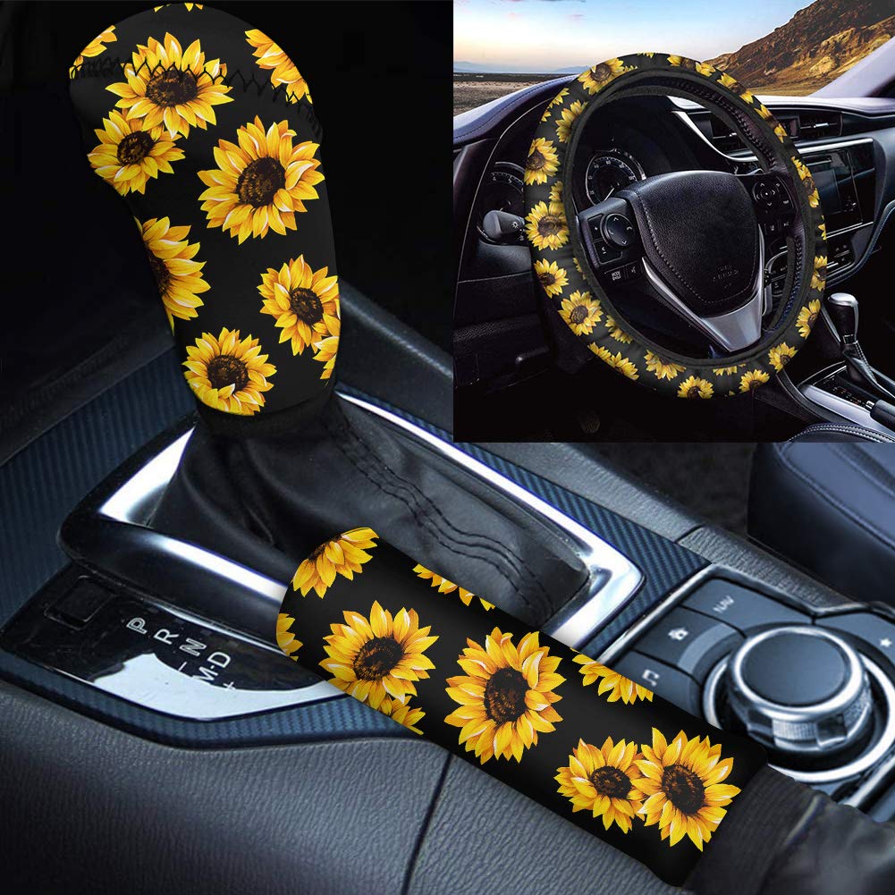 TOADDMOS 3Pcs Dekorative Sonnenblume Auto Zubehör Set Weiche Lenkrad Abdeckungen Handbremse Abdeckung Gear Shift Abdeckung Rutschfeste Universal Auto Dekoration von TOADDMOS